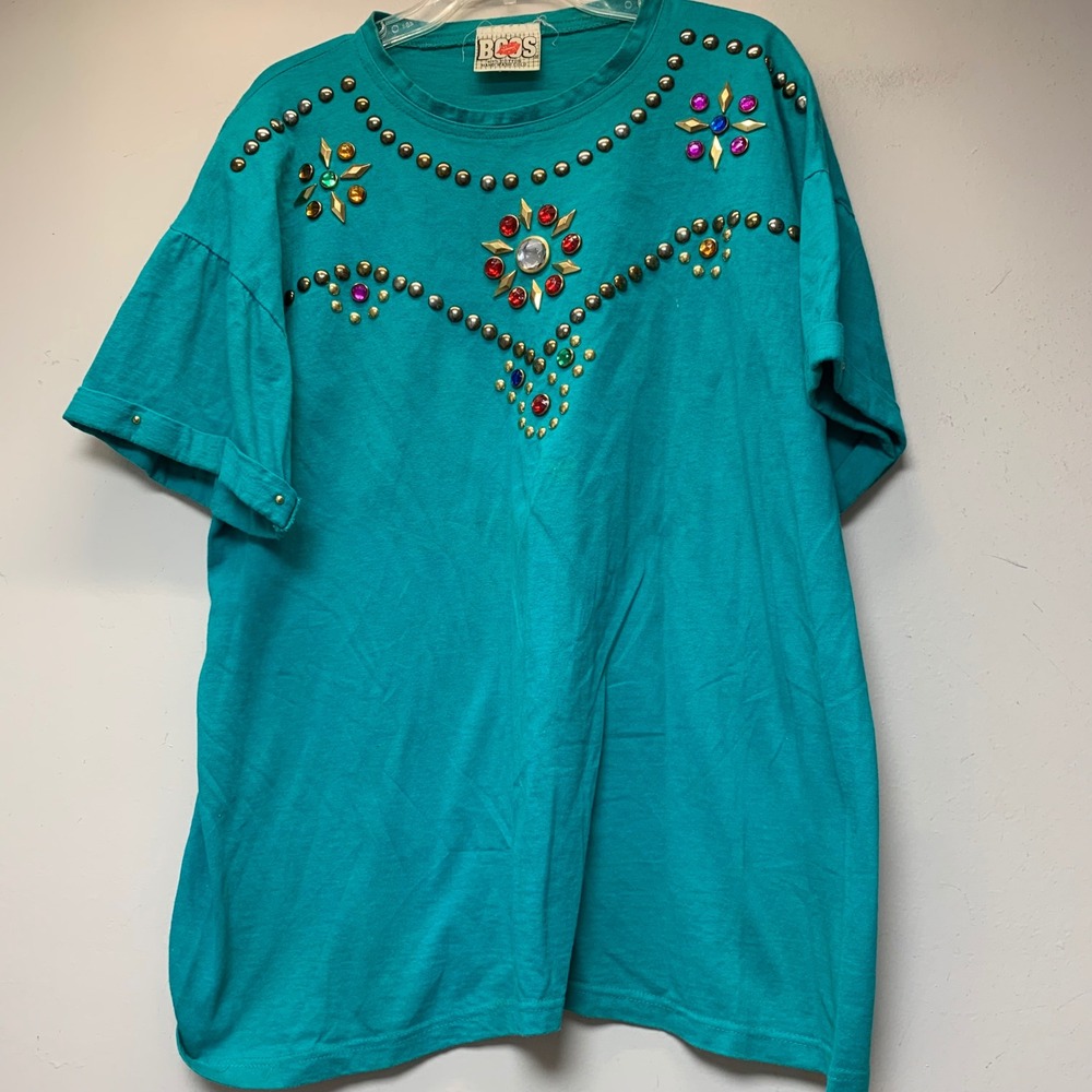 Boos T-Shirt Womens One Size Teal Excellent Vintage Studded Rhinestone Western